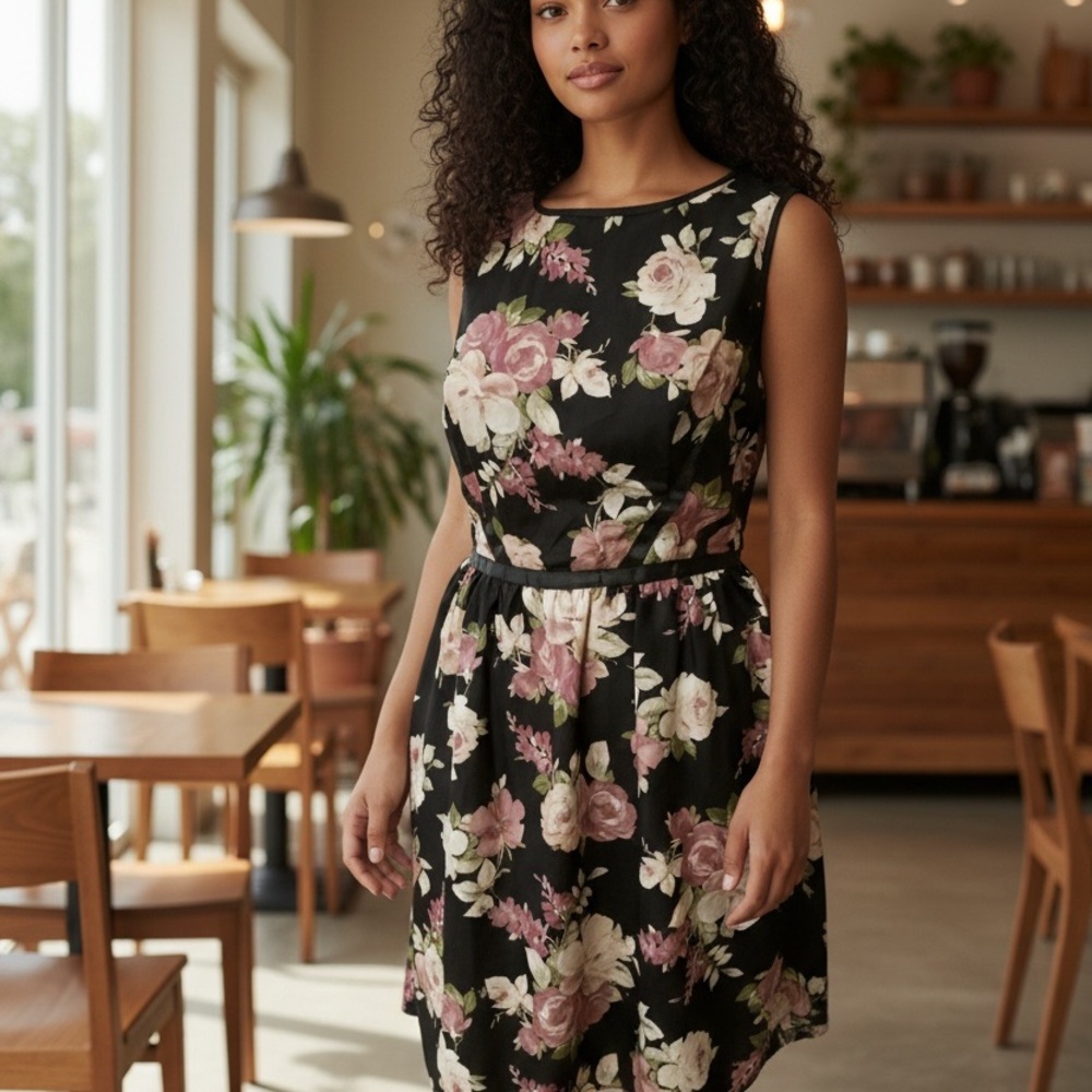 Three Hearts Floral Mini Dress - Black and Pink